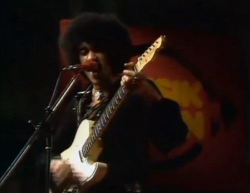 Bassist, Phil Lynott with a non-traditional Telecaster guitar. (Thin Lizzy, 1973)
