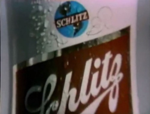 Young Adults: 'Hey, Schlitz. I'm hot & thirsty.' Schlitz Mascot: 'Oh, yeah!!'