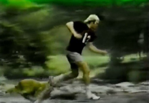 1979 Super Bowl champ, Terry Bradshaw gliding through the woods with his faithful dog & Spalding sneakers (Spalding commercial, 1979)