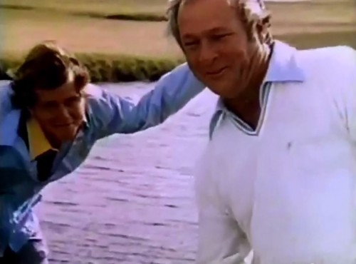 Beautiful people like Arnold Palmer and his caddy. Pay no attention to the caddy's arm inside Palmer's brain. (Tab commercial, 1978)