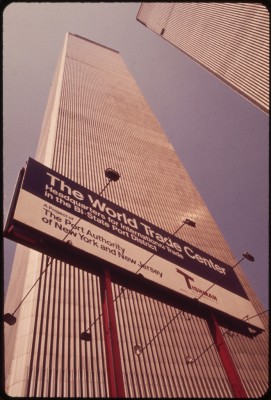 'Overlooking the Hudson River in Lower Manhattan, the Towers of the World Trade Center Soar Skyward to a Height of 1,350 Feet 05/1973 - Wil Blanche.'