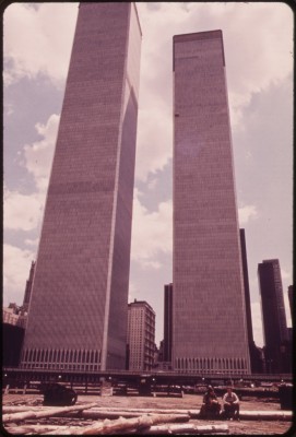 'Towers of the World Trade Center in Lower Manhattan Seen From West Street 05/1973 - Wil Blanche.'
