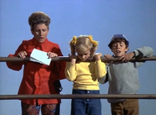 Moments later, Bobby began his leap over the railing. Stop horsing around, young man! ('The Brady Bunch,' 1971)