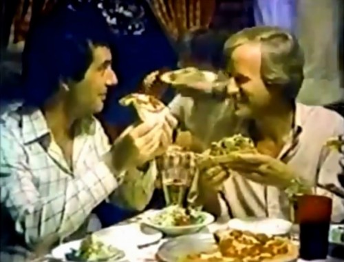 Larry enjoying pizza with his buddies. Jack, Chrissy and Janet not invited. (Richard Kline for Pizza Hut, 1978)