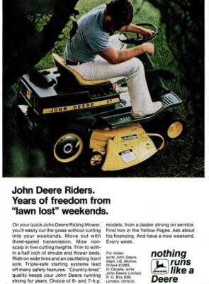 John Deere Lawn Riders. ('Popular Science' magazine, Apr. 1973)