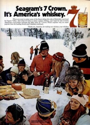 Seagram's 7 Crown 'Snow Party.' ('Popular Science' magazine, Apr. 1973)