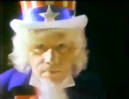 Uncle Sam steels himself for the great leap. (Texaco commercial, 1978)