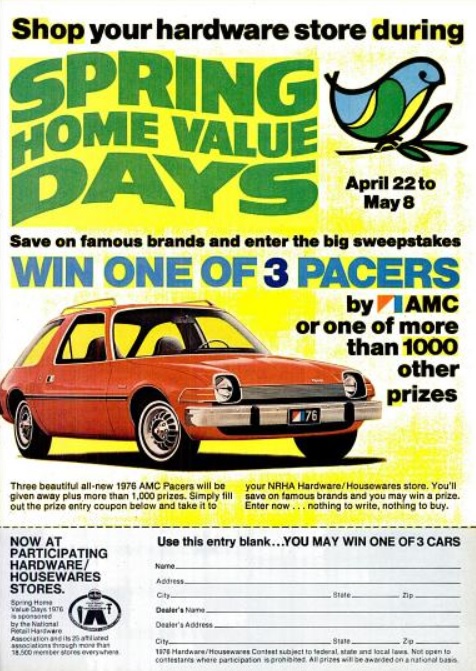 AMC Pacer Give-Away. ('Popular Science' magazine, May, 1976)