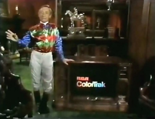 Are you tracking the snazzy colors on that outfit? (Eddie Arcaro for RCA, 1976)