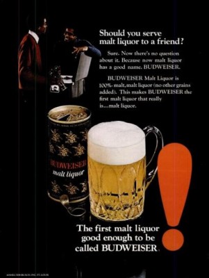 Budweiser Malt Liquor. ('Ebony' magazine, June, 1972)