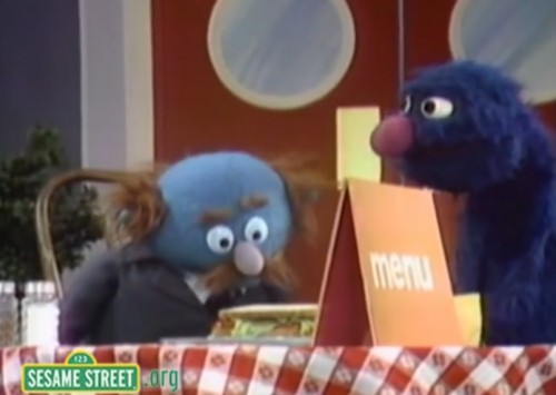 Braving a lunch break with Grover the Waiter. ('Sesame Street,' 1972)