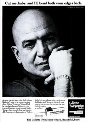 Telly Savalas For Gillette. ('Popular Science' magazine, August, 1975)