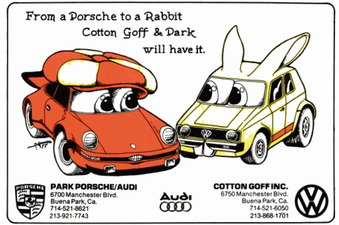 Porsche & Rabbit Sales at Cotton Goff & Park. ('Orange Coast' magazine, January, 1978)