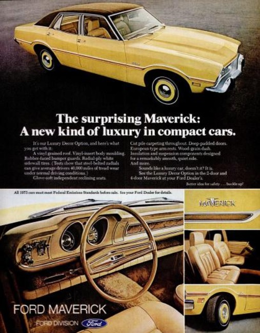 Ford Maverick, ‘A New Kind Of Luxury.' ('LIFE' magazine, November 17, 1972)