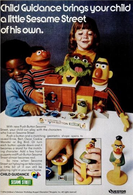 Sesame Street Push Button Toys. ('Ebony' magazine, December, 1974)