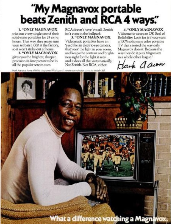 Hank Aaron For Magnavox TV. ('Ebony' magazine, December, 1974)