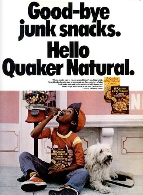 Quaker Natural Cereal. ('Ebony' magazine, December, 1974)