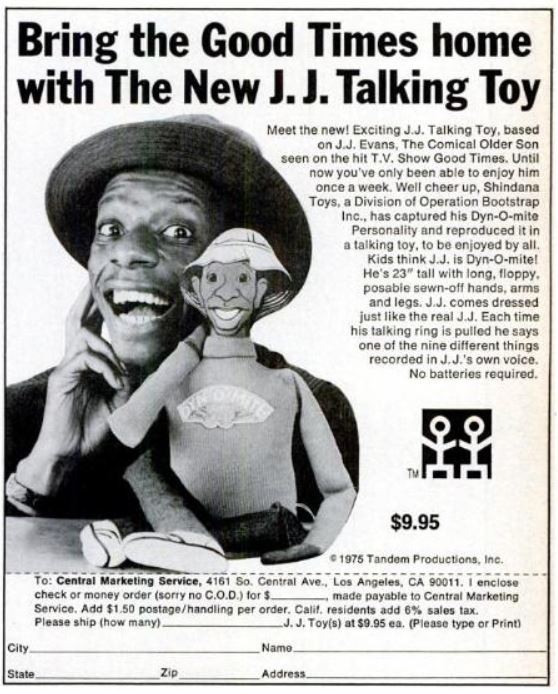 Jimmy Walker's J.J. Talking Toy ('Ebony' magazine, May, 1975)