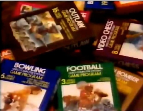"Over 30 games"...featuring colored blocks moving in a straight line. (Atari commercial, 1979)