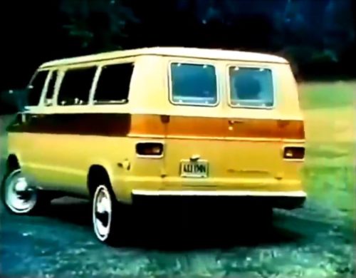 Tearing up the grass in a Plymouth Voyager van, 1974